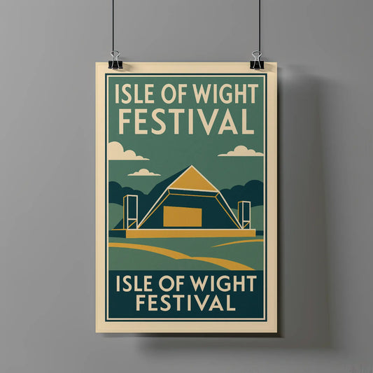 Retro-style illustration of Isle of Wight Festival main stage with coastal landscape, geometric design, and green and yellow tones.