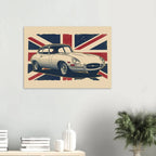Retro illustrated Jaguar E-Type classic sports car artwork with a distressed Union Jack background.