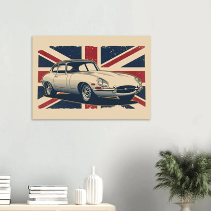 Retro illustrated Jaguar E-Type classic sports car artwork with a distressed Union Jack background.