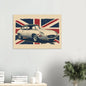 Retro illustrated Jaguar E-Type classic sports car artwork with a distressed Union Jack background.