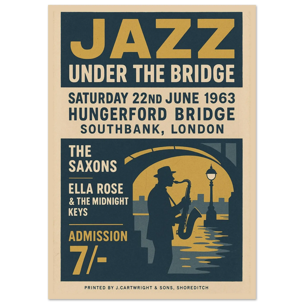 Jazz Under the Bridge 1963 vintage poster print – London Southbank jazz music wall art with saxophone silhouette and retro design