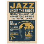 Jazz Under the Bridge 1963 vintage poster print – London Southbank jazz music wall art with saxophone silhouette and retro design