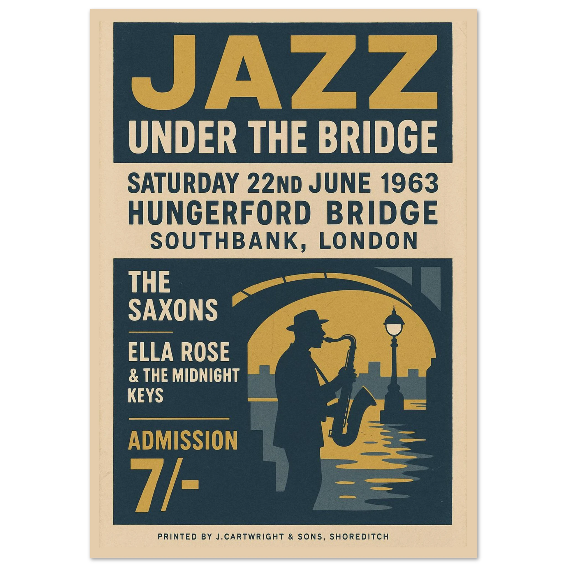 Jazz Under the Bridge 1963 vintage poster print – London Southbank jazz music wall art with saxophone silhouette and retro design