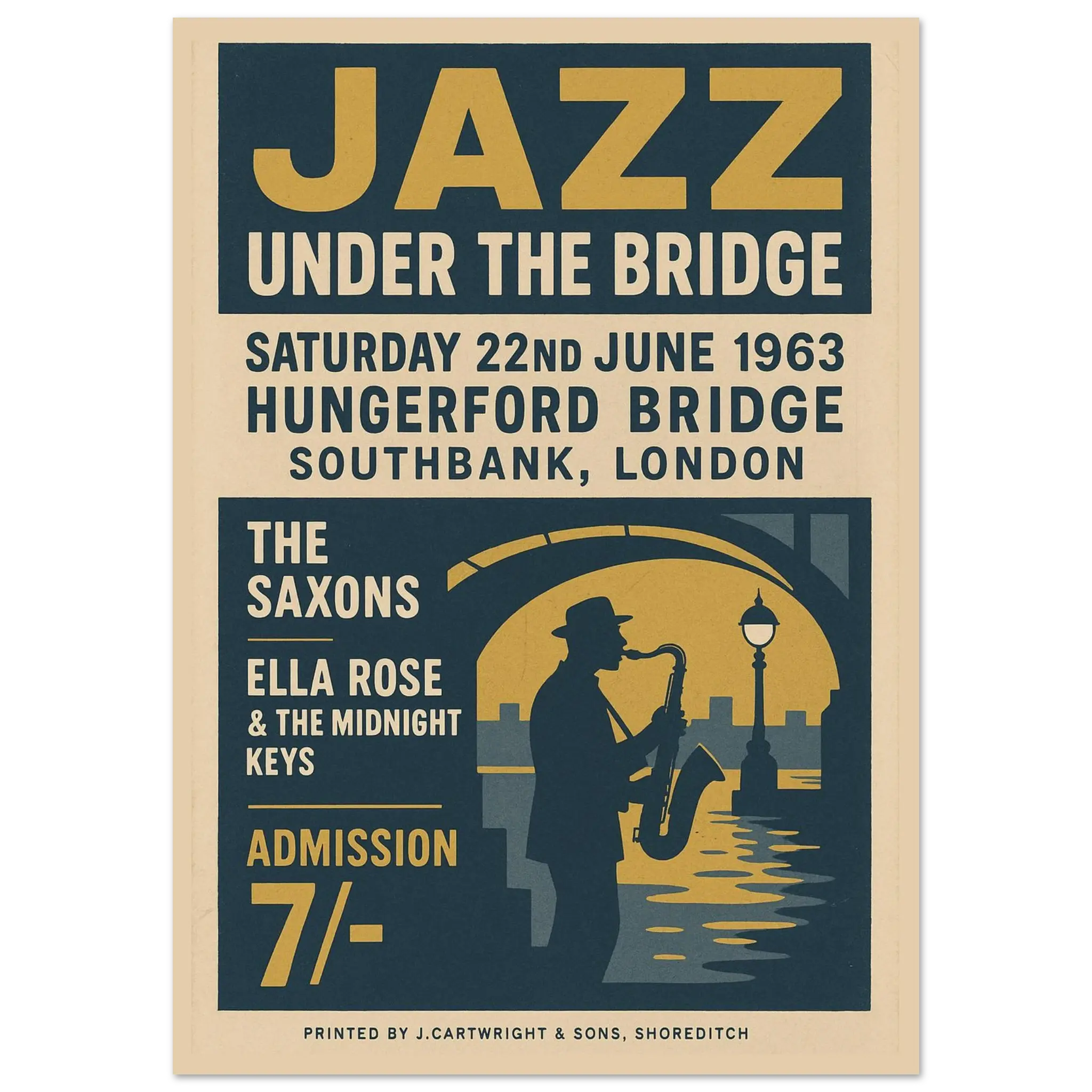 Jazz Under the Bridge 1963 vintage poster print – London Southbank jazz music wall art with saxophone silhouette and retro design