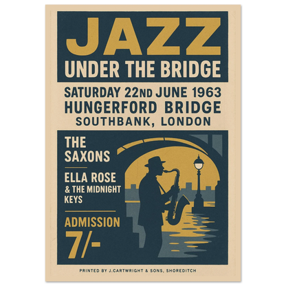 Jazz Under the Bridge 1963 vintage poster print – London Southbank jazz music wall art with saxophone silhouette and retro design