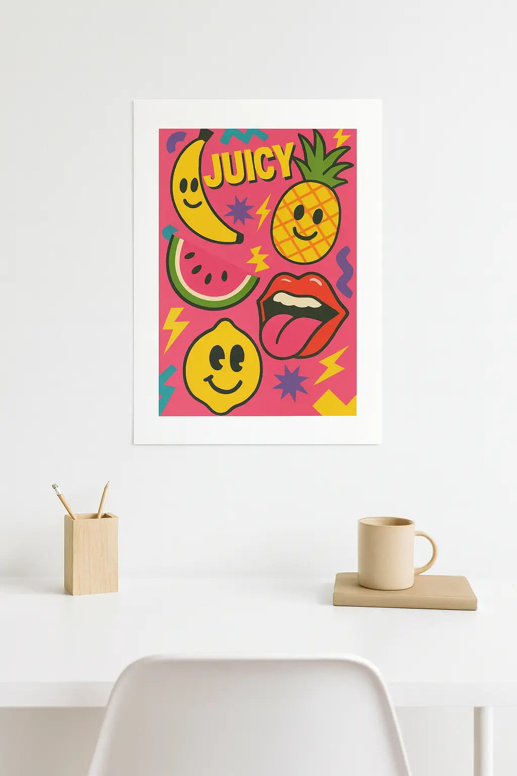 Juicy Pop Art poster with smiley banana, pineapple, watermelon, lemon, bold retro lips, and vibrant shapes on a pink background – 18x24 inch fine art print with white border.