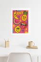 Juicy Pop Art poster with smiley banana, pineapple, watermelon, lemon, bold retro lips, and vibrant shapes on a pink background – 18x24 inch fine art print with white border.