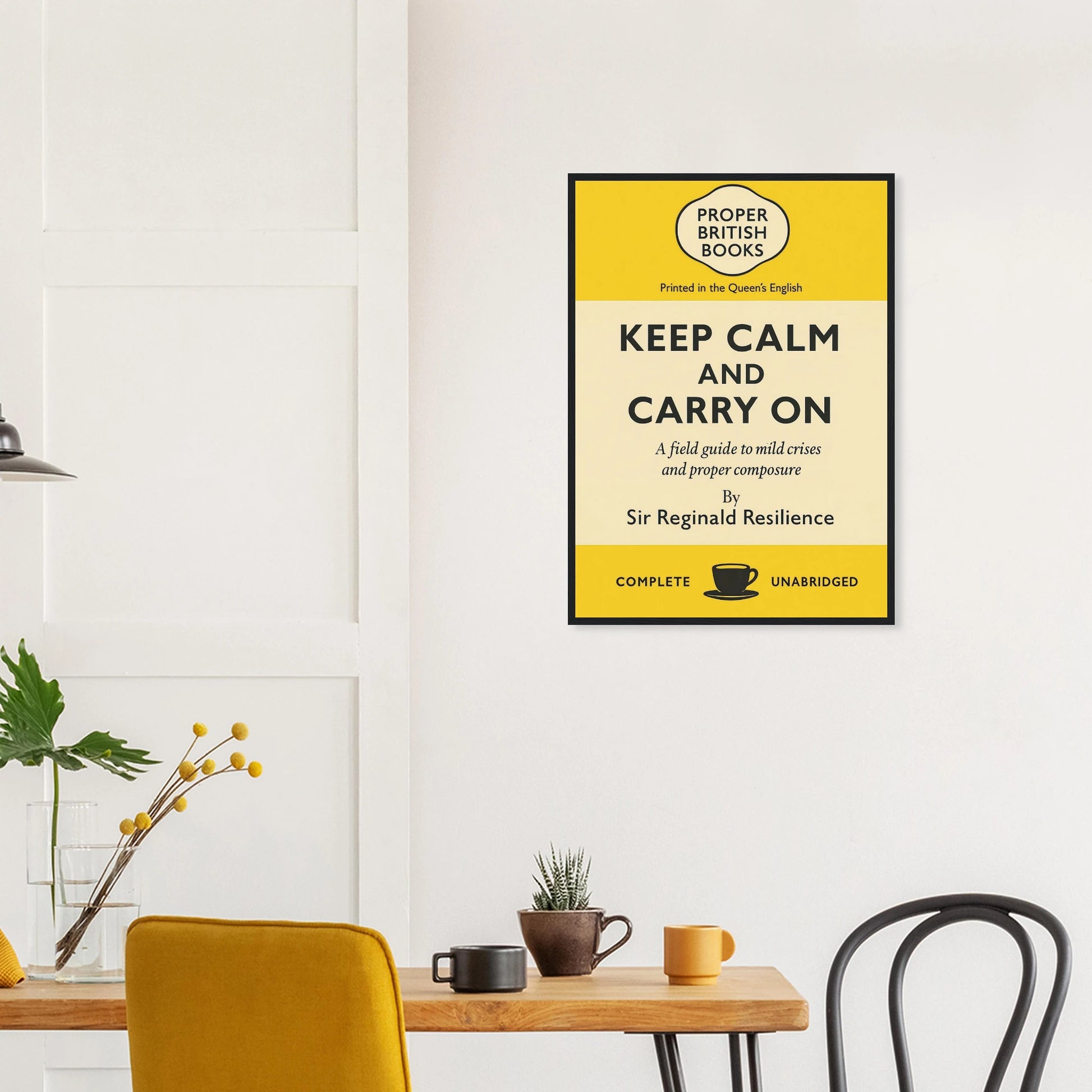 Vintage British parody framed print reading “Keep Calm and Carry On – A Field Guide to Mild Crises and Proper Composure” in a retro book-cover design, by Randello.