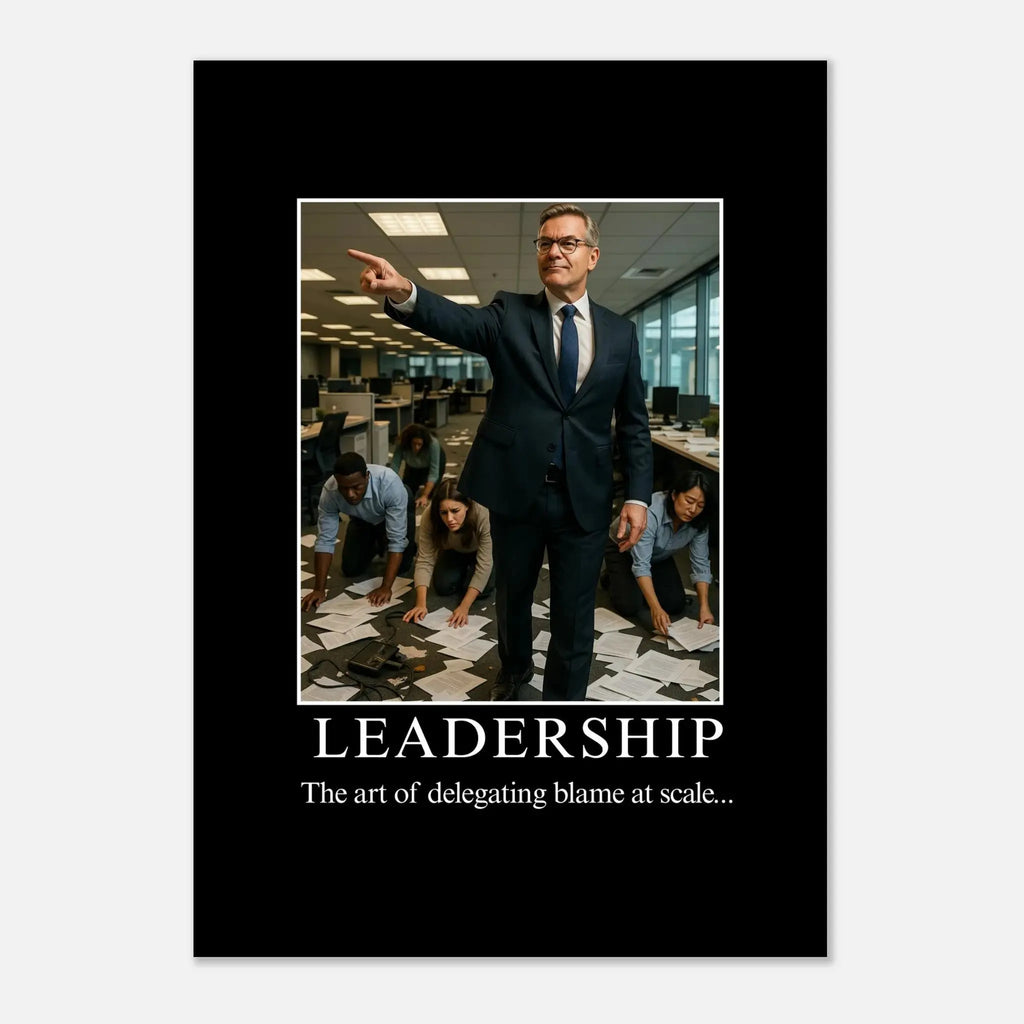 Leadership parody demotivational poster with businessman pointing while employees crawl on office floor, funny corporate wall art matte print.