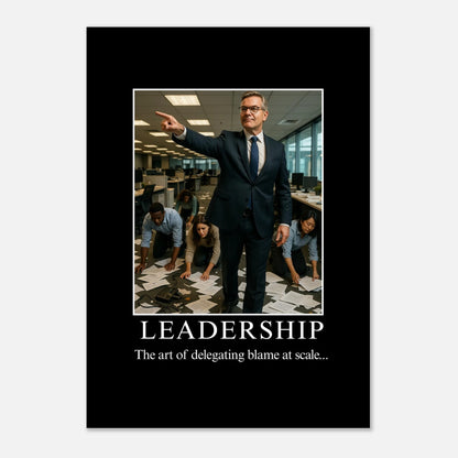 Leadership parody demotivational poster with businessman pointing while employees crawl on office floor, funny corporate wall art matte print.