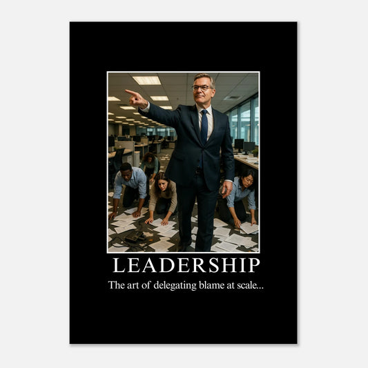 Leadership parody demotivational poster with businessman pointing while employees crawl on office floor, funny corporate wall art matte print.
