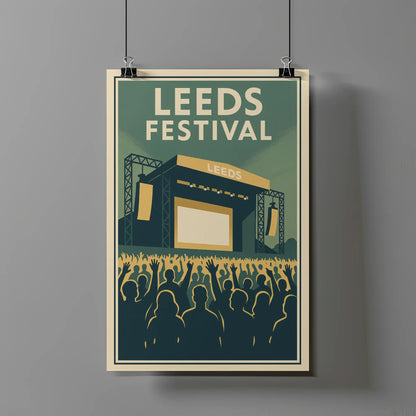 Retro-style illustration of Leeds Festival main stage with large crowd, raised hands, and bold green and yellow colour palette.