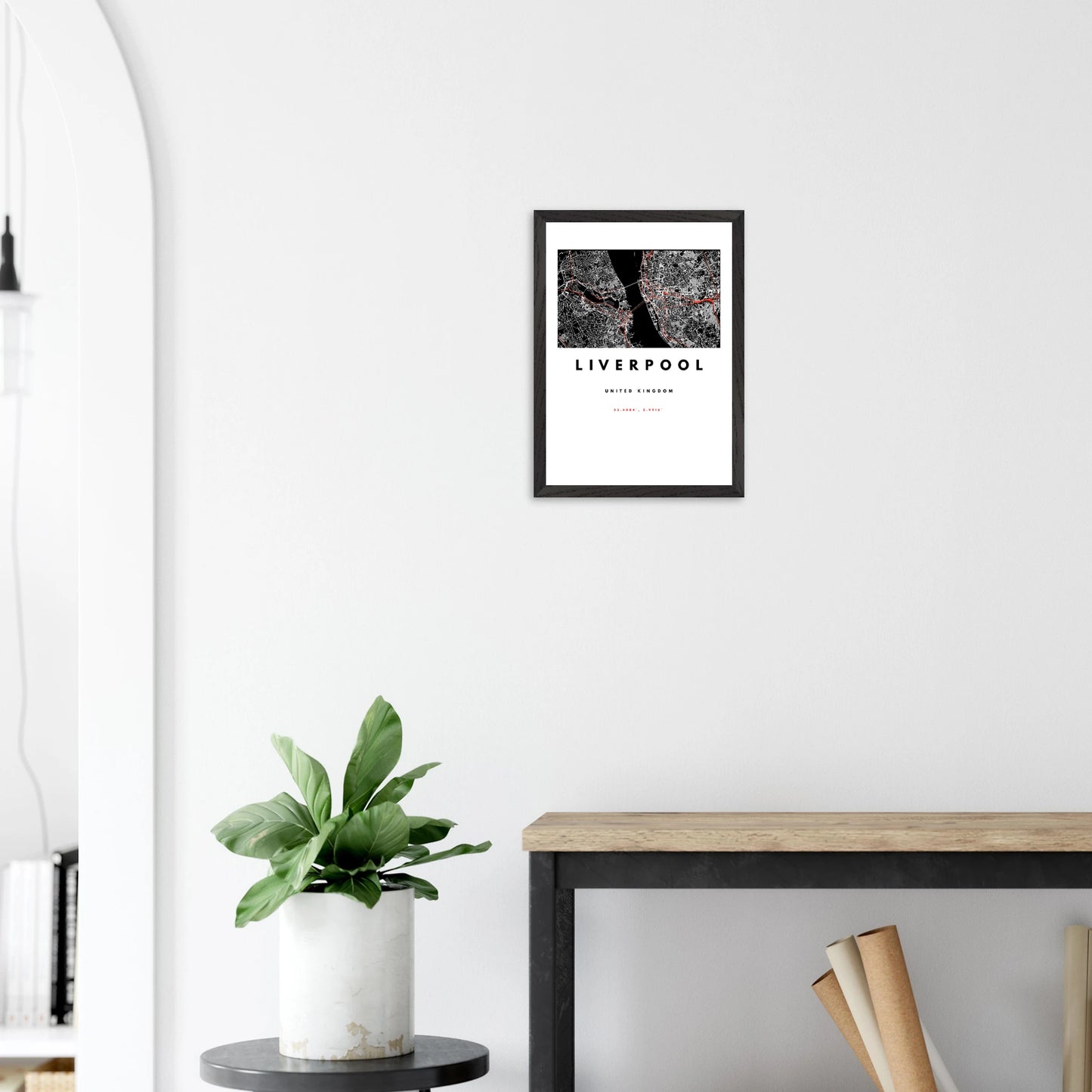 Liverpool city map wall art print in black, white, and red – framed and ready-to-hang modern poster decor for home or office