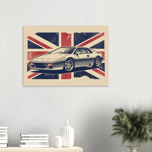 Retro illustrated Lotus Esprit sports car artwork with a distressed Union Jack background