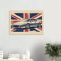 Retro illustrated Lotus Esprit sports car artwork with a distressed Union Jack background