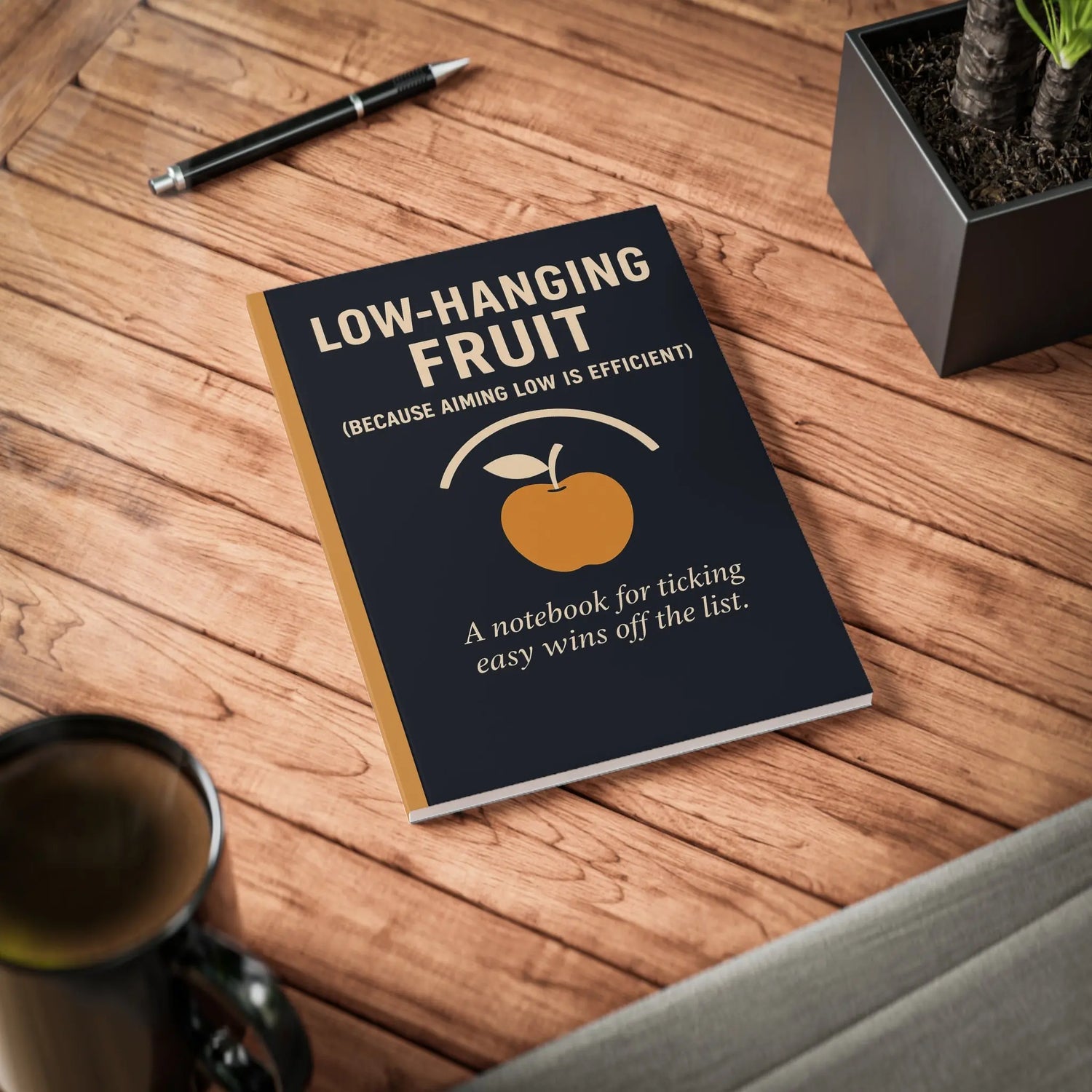 Low-Hanging Fruit A5 Notebook with satirical office humor cover – parody journal for easy wins and workplace buzzwords