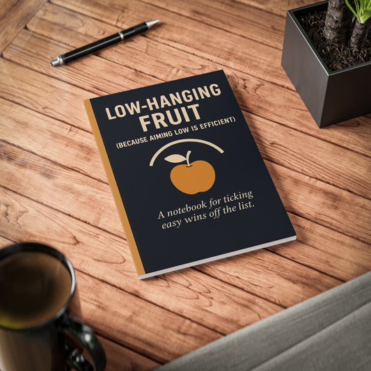 Low-Hanging Fruit A5 Notebook with satirical office humor cover – parody journal for easy wins and workplace buzzwords