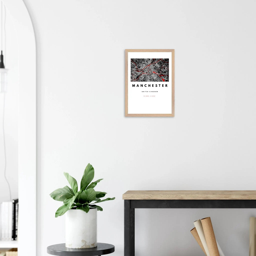 Manchester city map wall art print in black, white, and red – framed and ready-to-hang modern poster decor for home or office
