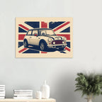 Retro illustrated Mini Cooper classic car artwork with a distressed Union Jack background.