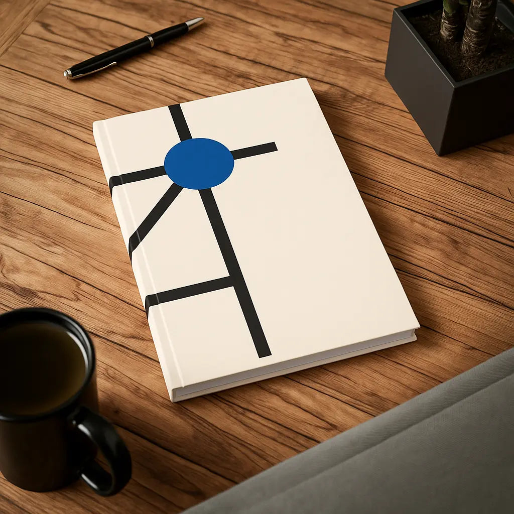 Minimalist blue dot A5 lined journal with cream background, black line design, and vinyl-laminated cover – 128 pages, 90gsm paper notebook for writing and journaling.