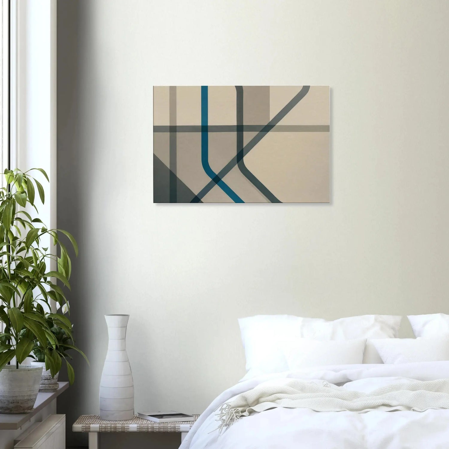 Minimalist abstract canvas wall art featuring overlapping blue and grey geometric lines on a soft beige background, modern and contemporary design.