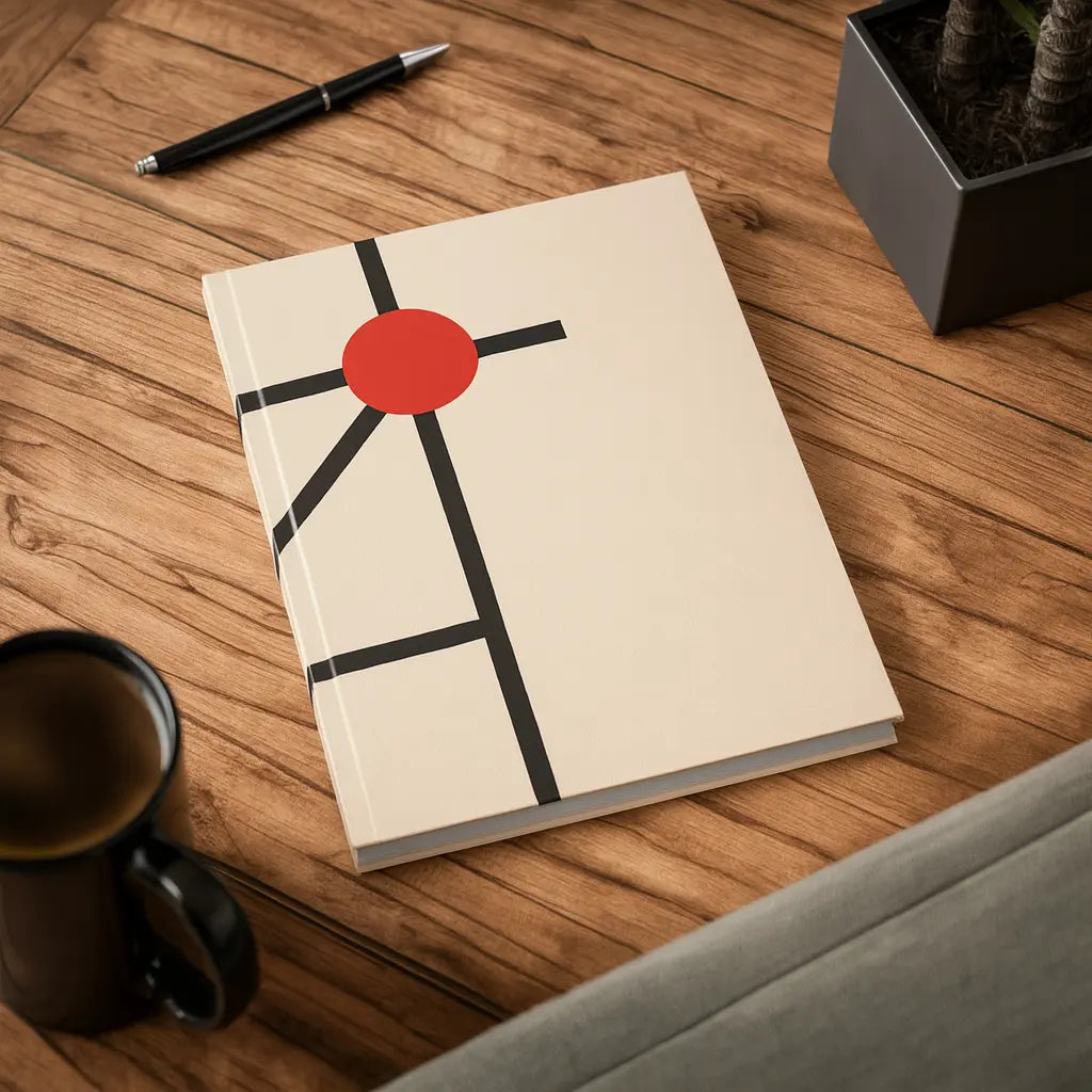 Minimalist red dot A5 lined journal with cream background, black line design, and vinyl-laminated cover – 128 pages, 90gsm paper notebook for writing and journaling.