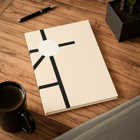 Minimalist white dot A5 lined journal with cream background, black line design, and vinyl-laminated cover – 128 pages, 90gsm paper notebook for writing and journaling.