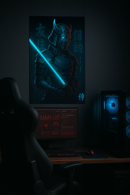 Cyberpunk Samurai Poster – Neon Blue Futuristic Warrior Wall Art