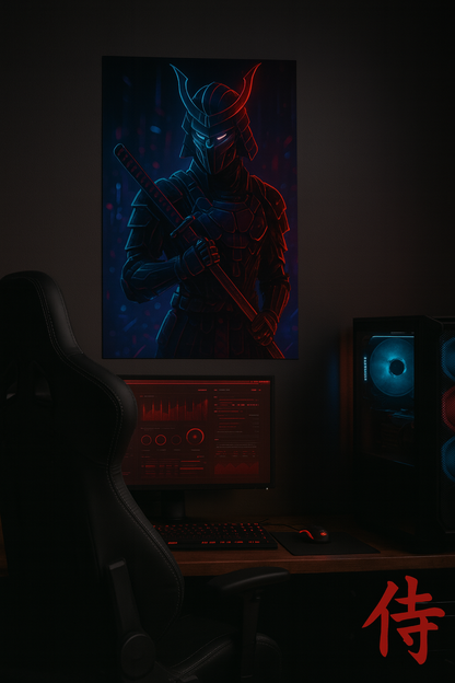 Cyberpunk Samurai Poster – Neon City Futuristic Warrior Wall Art