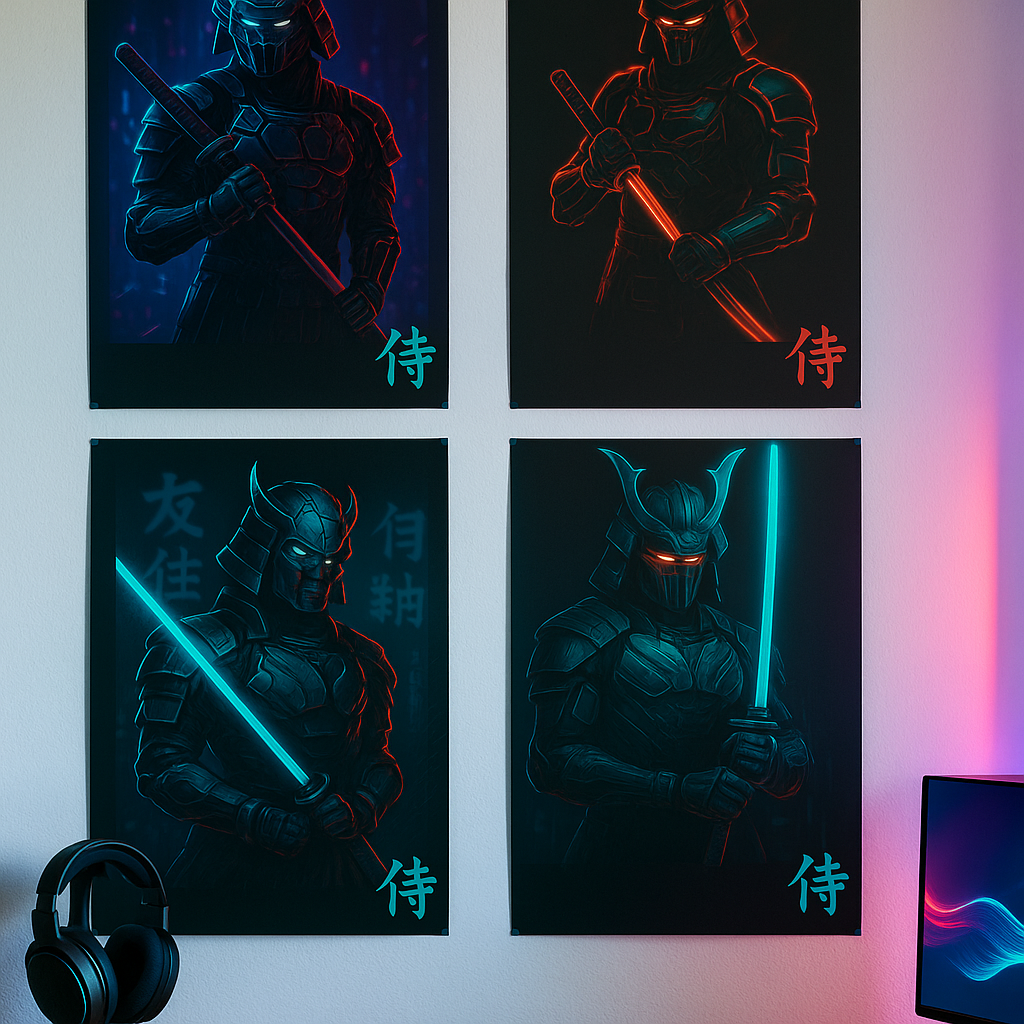 Cyberpunk Oni Samurai Poster – Dual Katana Futuristic Warrior Wall Art