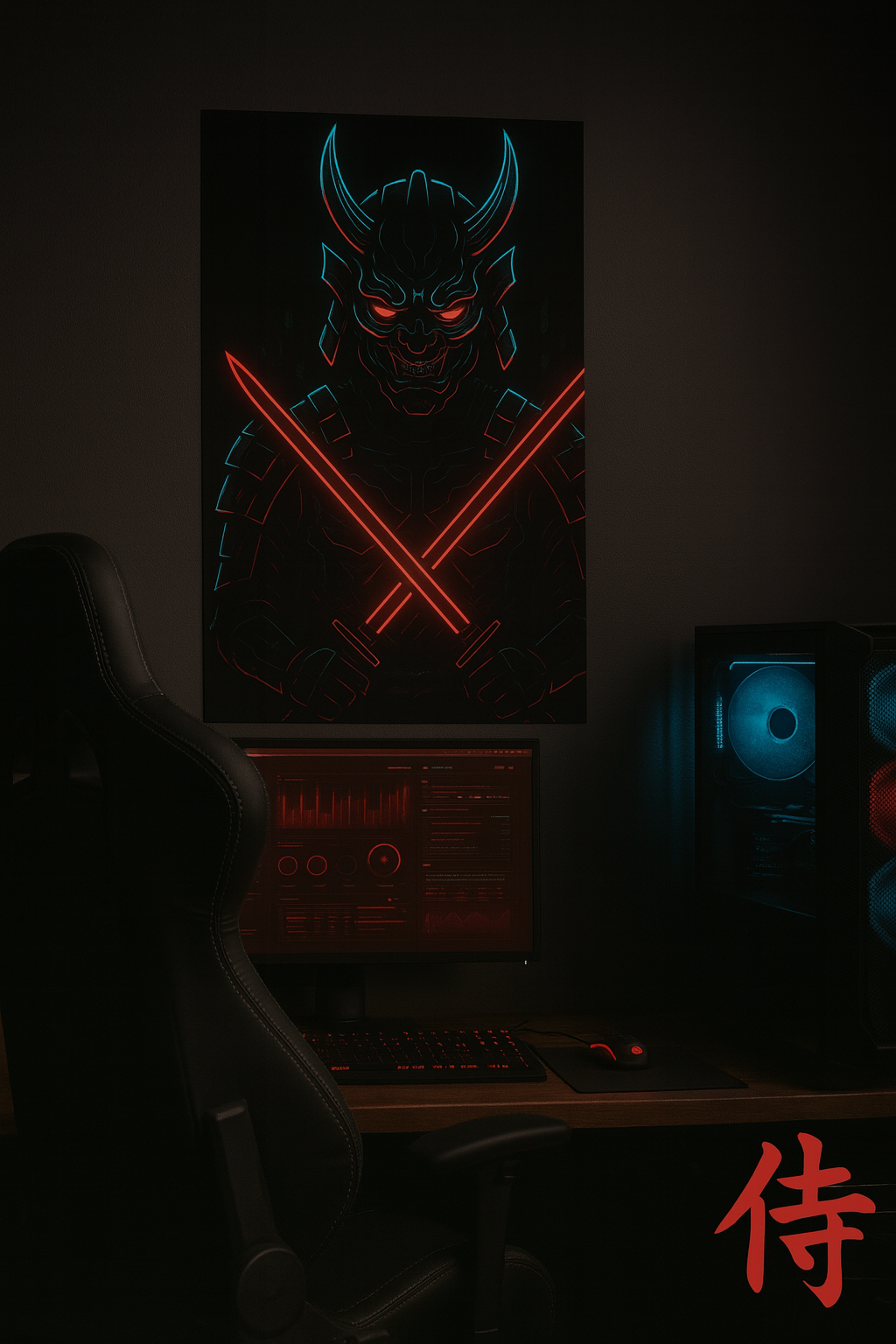 Cyberpunk Oni Samurai Poster – Dual Katana Futuristic Warrior Wall Art