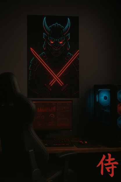 Cyberpunk Oni Samurai Poster – Dual Katana Futuristic Warrior Wall Art