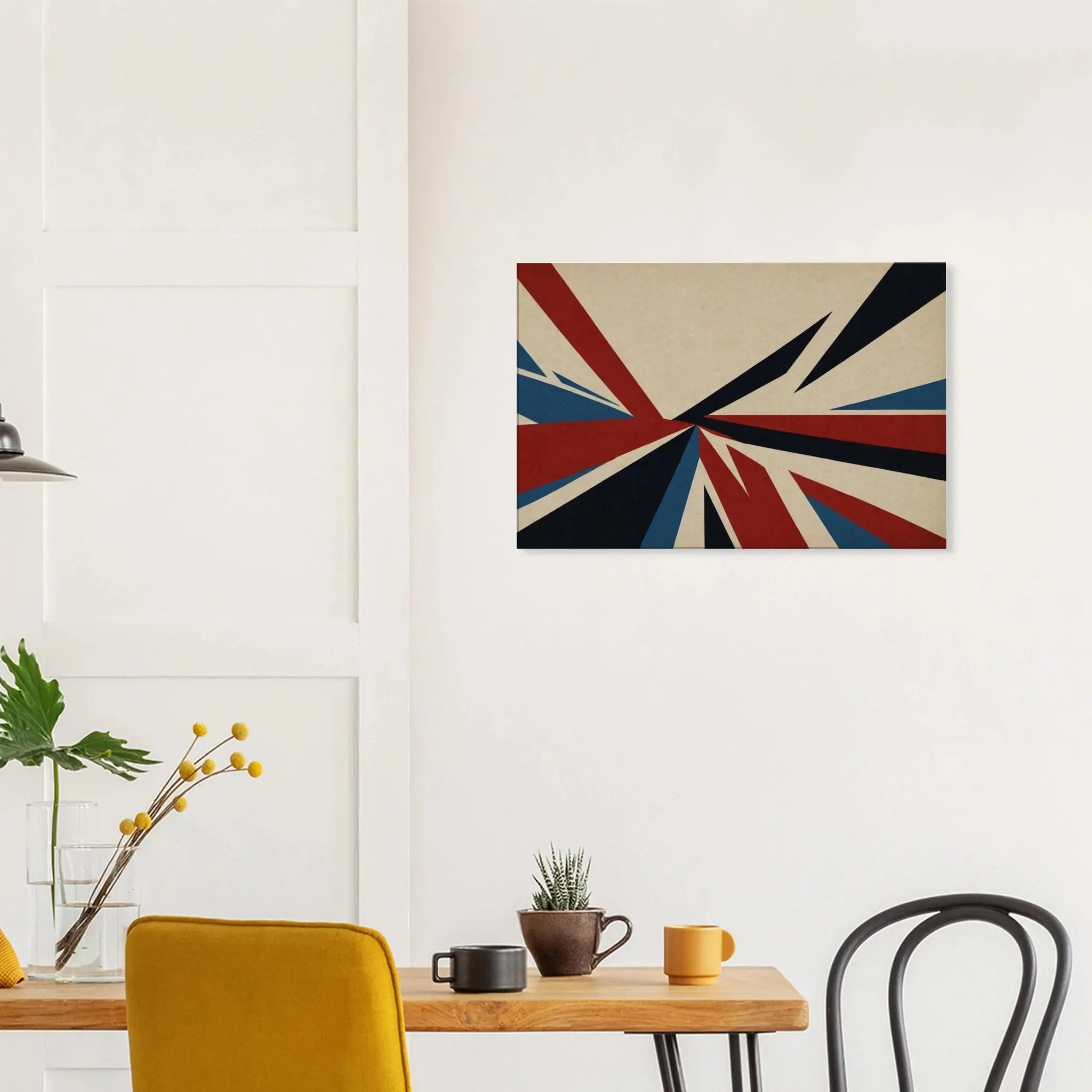 Modern abstract Union Jack inspired canvas with red, navy, and blue geometric design