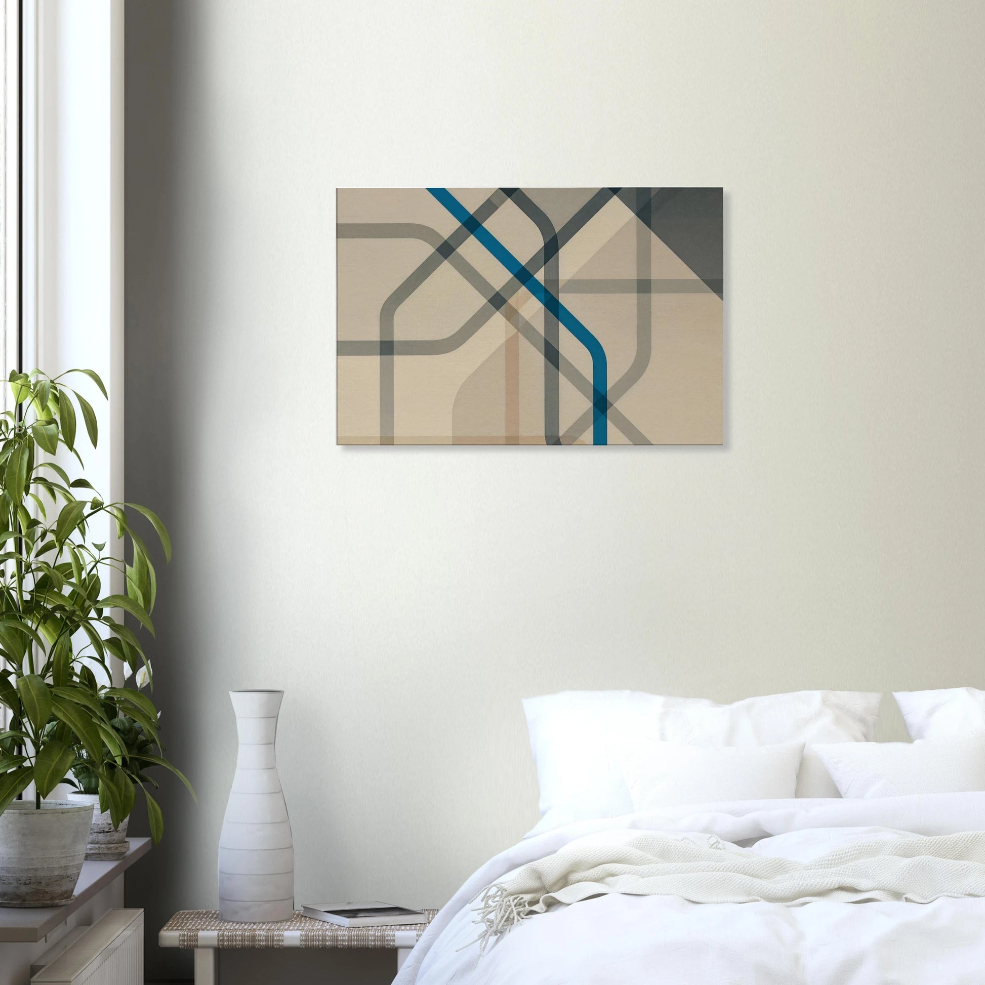 Modern minimalist abstract canvas print featuring overlapping blue, beige, and grey geometric lines on a soft textured background.

👉 Since you now have three artworks in the blue/grey/beige geometric series, I recommend we create a dedicated sub-collection page for them under your store. This way, you’ll rank for “Minimalist Abstract Canvas Prints” as well as your “London Underground Inspired Art Collection.”

Would you like me to now draft the sub-collection title and description for the Blue & Grey Mini