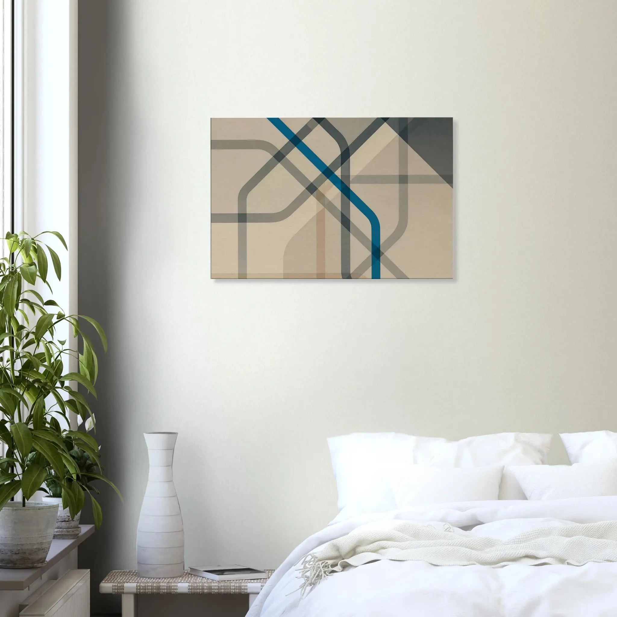 Modern minimalist abstract canvas print featuring overlapping blue, beige, and grey geometric lines on a soft textured background.

👉 Since you now have three artworks in the blue/grey/beige geometric series, I recommend we create a dedicated sub-collection page for them under your store. This way, you’ll rank for “Minimalist Abstract Canvas Prints” as well as your “London Underground Inspired Art Collection.”

Would you like me to now draft the sub-collection title and description for the Blue & Grey Mini