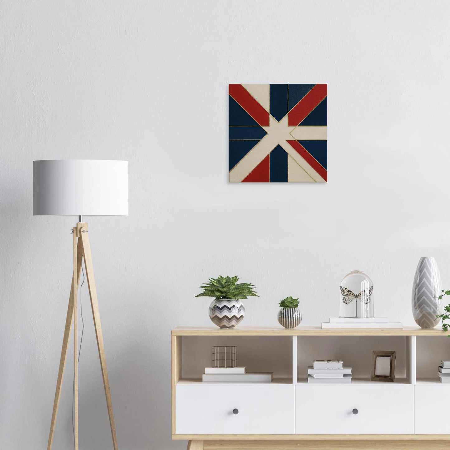 Abstract Union Jack canvas wall art in red, navy, and cream with gold outlines