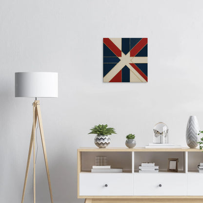 Abstract Union Jack canvas wall art in red, navy, and cream with gold outlines