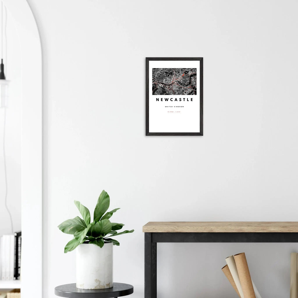Newcastle city map wall art print in black, white, and red – framed and ready-to-hang modern poster decor for home or office