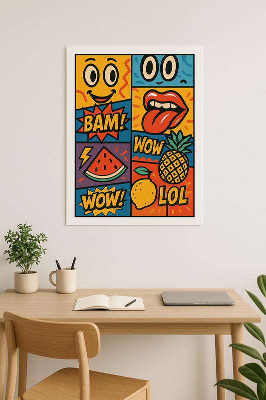 Comic Pop Art poster with smiley face, lips with tongue out, pineapple, watermelon, lemon, and bold comic text BAM WOW LOL – 18x24 inch fine art print with white border.