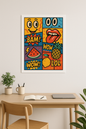 Comic Pop Art poster with smiley face, lips with tongue out, pineapple, watermelon, lemon, and bold comic text BAM WOW LOL – 18x24 inch fine art print with white border.