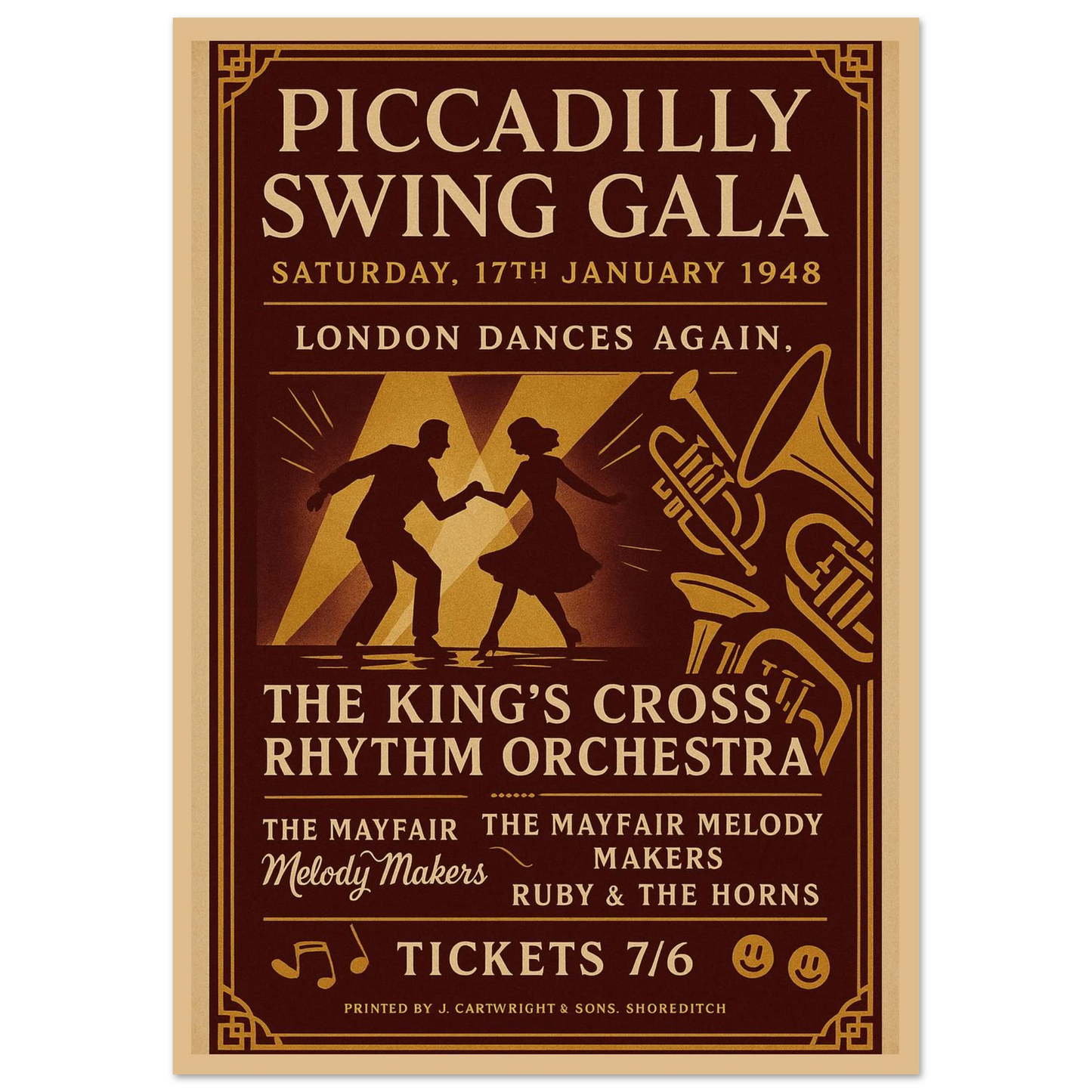 Piccadilly Swing Gala 1948 vintage poster print – London swing jazz wall art with dancers and retro big band design