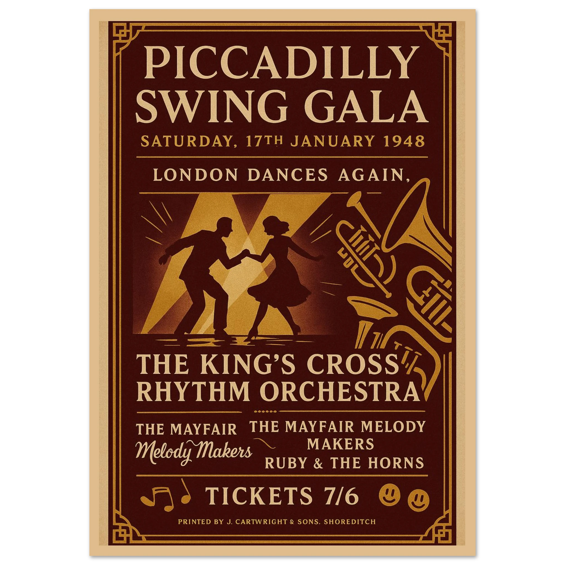 Piccadilly Swing Gala 1948 vintage poster print – London swing jazz wall art with dancers and retro big band design
