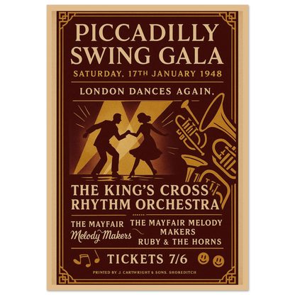 Piccadilly Swing Gala 1948 vintage poster print – London swing jazz wall art with dancers and retro big band design