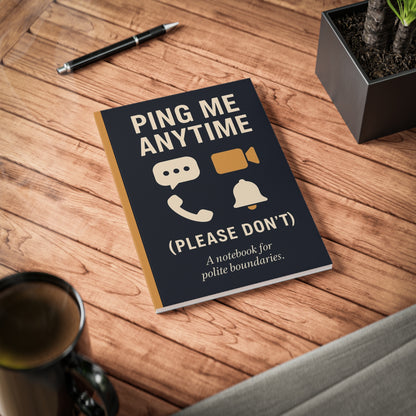 A5 notebook with the text “Ping Me Anytime (Please Don’t)” and icons for chat, video, phone, and notifications, along with the tagline “A notebook for polite boundaries” — ideal for office humor and workplace stationery.