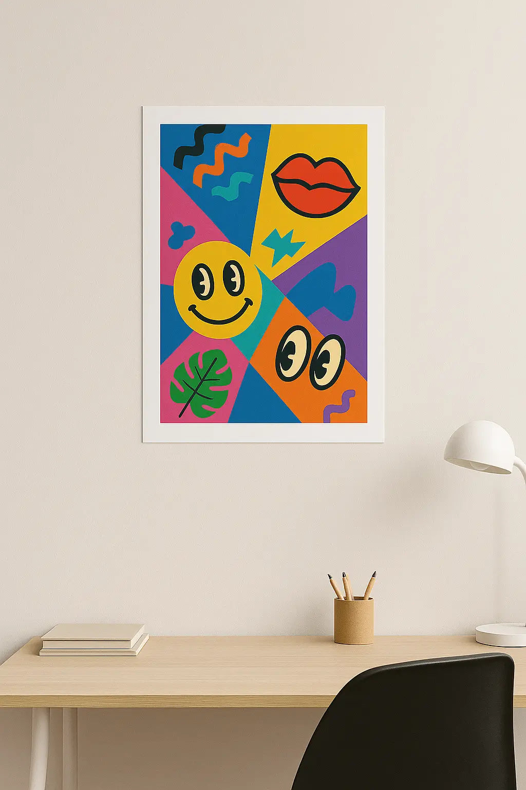 Colorful Pop Art poster with smiley face, lips, eyes, abstract shapes, and bold geometric background – 18x24 inch fine art print with white border.