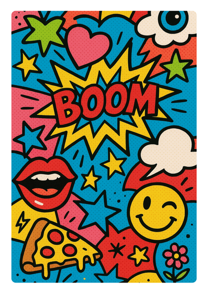 Retro Pop Art Poster – Bold Comic Wall Art with Lips, Pizza & Smiley