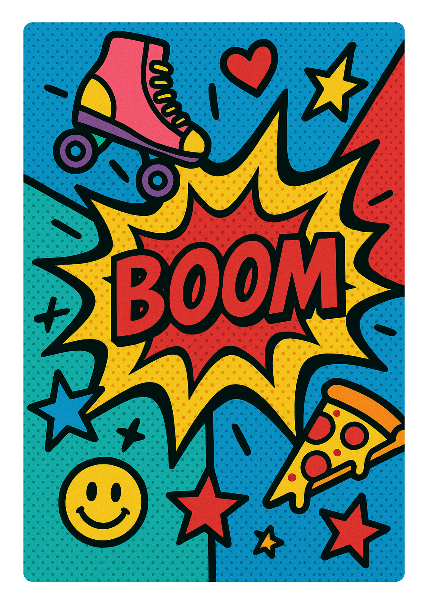 Retro Pop Art Poster – Bold Comic Wall Art with Roller Skates, Pizza & Smiley