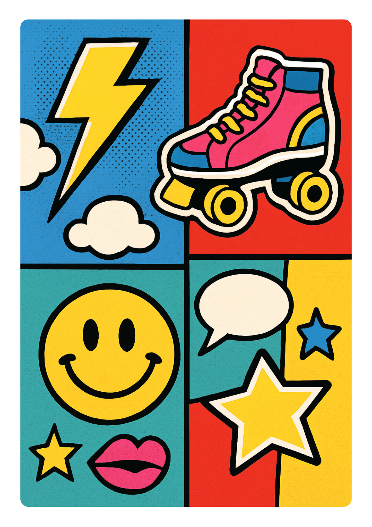 Retro Pop Art Poster – Bold Comic Grid Wall Art with Roller Skate & Smiley