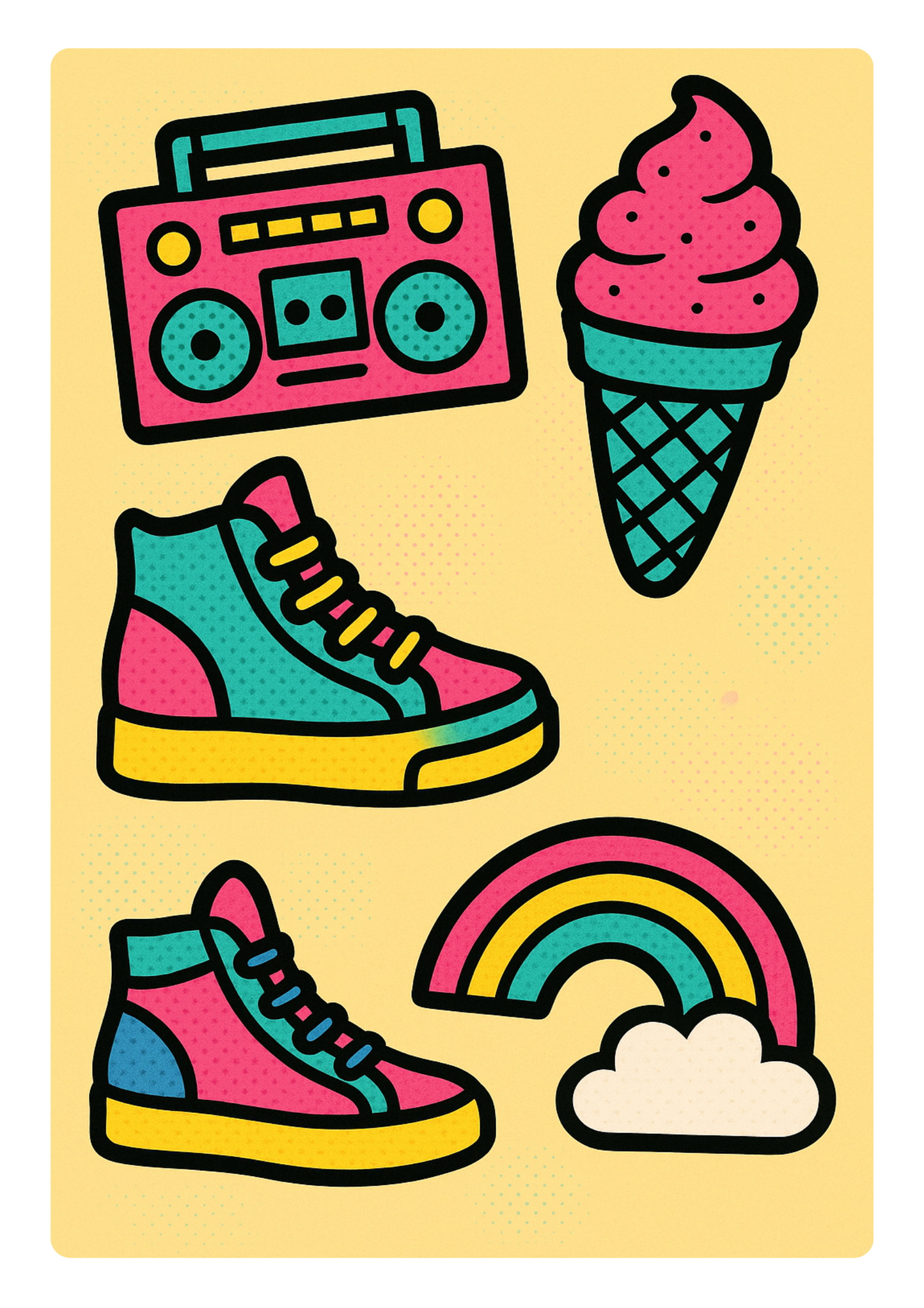 Retro Pop Art Poster – Bold 80s Comic Wall Art with Boombox, Sneakers & Rainbow