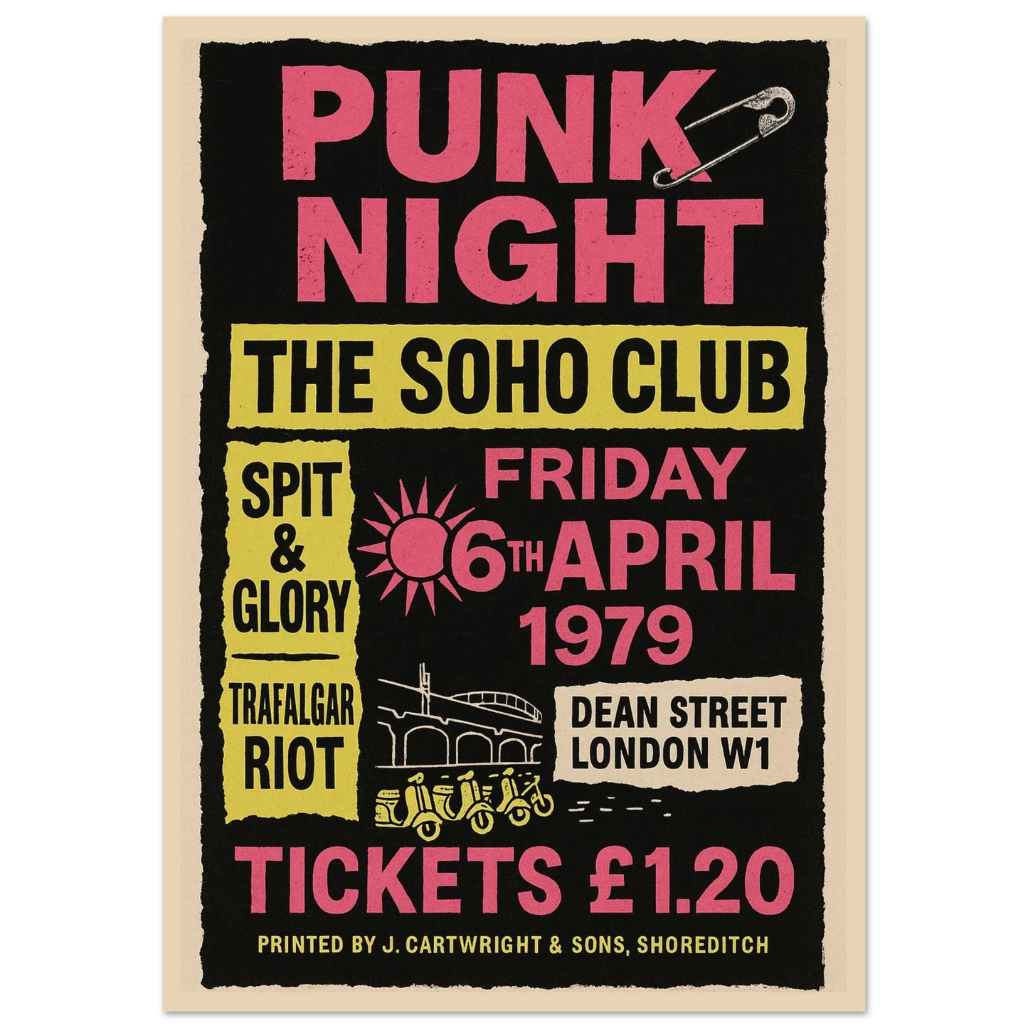 Punk Night 1979 Soho Club vintage poster print – London punk rock wall art with neon text and retro design
